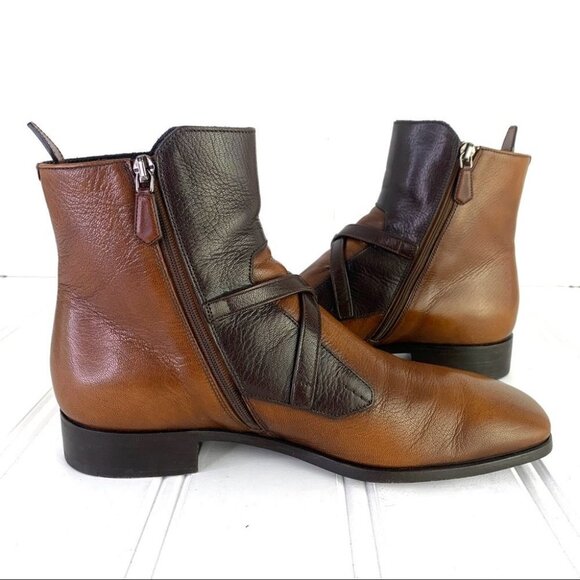 PRADA SAFFIANO BROWN SHOE  2 TONE POLISH LEATHER ANKLE BOOTS BLOCK STRAPPY MEN 6 - Picture 4 of 17